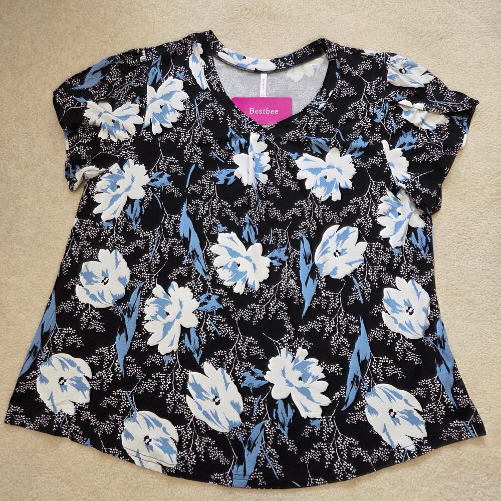 NWT Bestbee 2XL Pullover Short Petal/Tulip Sleeve Pleated V-Neck Black Floral